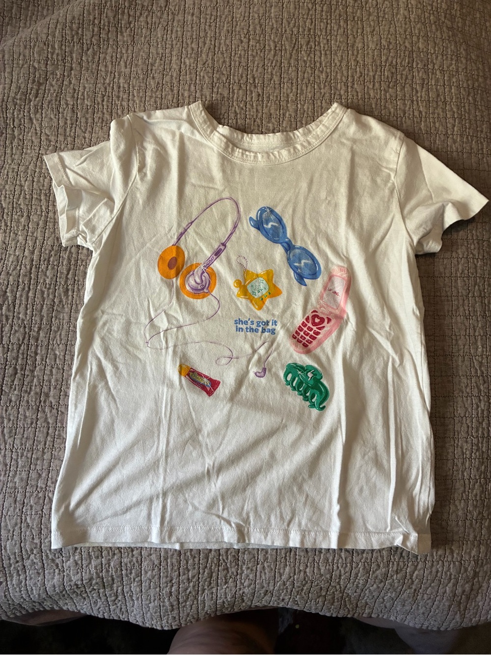 Old Navy White Tee with Colorful Accessories Graphic